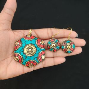 Tibetan HEXOGON Shaped Pendant, MULTICOLOR With Gold Designs and Earrings