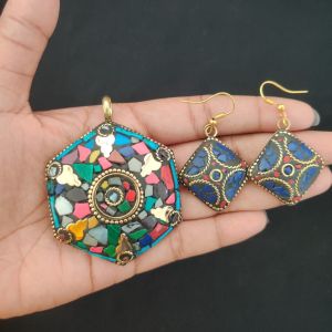 Tibetan HEXOGON Shaped Pendant, MULTICOLOR With Gold Designs and Earrings