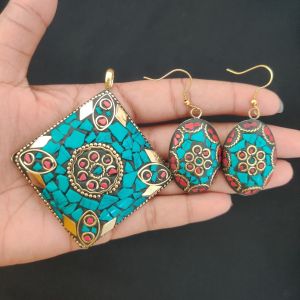 Tibetan Hexogon Shaped Pendant, TURQUOISE BLUE With Gold Designs and Earrings