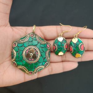 Tibetan Hexogon Shaped Pendant With Gold Designs and Earrings