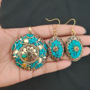 Tibetan Round Shaped Pendant, Turquoise Blue With Gold Designs and Earrings