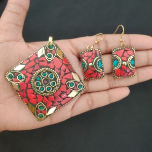 Tibetan Diamond Shaped Pendant, RED With Gold Designs and Earrings