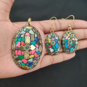 Tibetan Oval Shaped Pendant with Earrings, Multi Colour