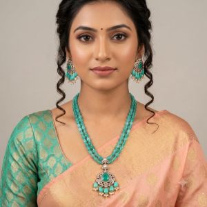 Navrabeads Premium Victorian Pendant Necklace with Matching Earrings | Monolisa Beads & Synthetic Coral Flow Drops | 20 Inches | Back Dori