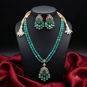 Navrabeads Premium Victorian Pendant Necklace with Matching Earrings | Monolisa Beads & Synthetic Coral Flow Drops | 20 Inches | Back Dori