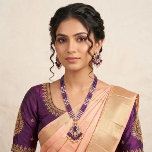 Navrabeads Premium Victorian Pendant Necklace with Matching Earrings | Purple Agate Beads & Swarovski Replica Pearls | 20 Inches | Dori Finish