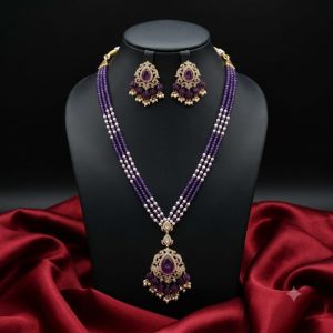 Navrabeads Premium Victorian Pendant Necklace with Matching Earrings | Purple Agate Beads & Swarovski Replica Pearls | 20 Inches | Dori Finish