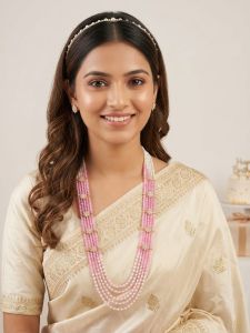 Navrabeads Zircon Beads with Pearl Necklace | Light Pink | 22 Inches | Long Back Dori