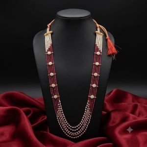 Navrabeads Zircon Beads with Pearl Necklace | Ruby Pink | 22 Inches | Long Back Dori