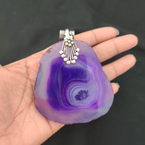 2.5" to 3" Natural Agate Slice Pendant, Silver Finish, sold by 1 Pc