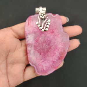 2.5" to 3" Natural Agate Slice Pendant, Silver Finish, sold by 1 Pc