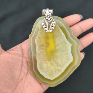 2.5" to 3" Natural Agate Slice Pendant, Silver Finish, sold by 1 Pc