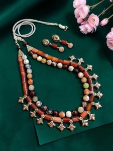 Navrabeads Onyx Beads Kolhapuri Necklace with Matching Earrings | 20 Inches