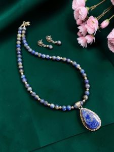 Navrabeads Lapis Lazuli Gemstone Necklace with Matching Earrings | 20 Inches