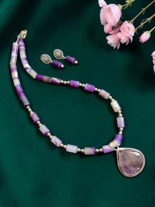 Navrabeads Onyx Cylinder Bead Necklace with Amethyst Lace Agate Pendant & Earrings | 20 Inches | Silver Hook Finish