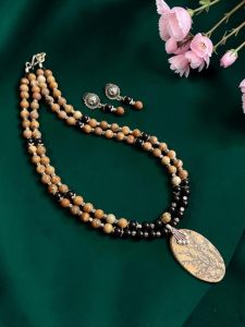Navrabeads Black Onyx & Picture Jasper Bead Necklace with Gemstone Pendant & Earrings | 20 Inches | Silver Hook Finish