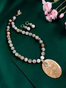 Navrabeads Onyx Bead Necklace with Lace Agate Pendant & Earrings | 20 Inches | Silver Hook Finish