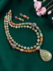 Navrabeads Onyx Bead & Onyx Cylinder Necklace with Lace Agate Pendant & Earrings | 20 Inches | Silver Hook Finish