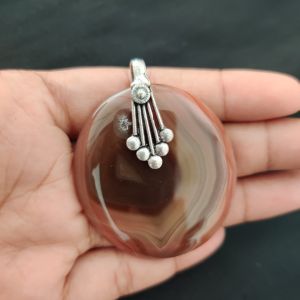 Navrabeads Premium Quality Lace Agate Pendant(1 to 1.5") for Women | Silver Finish