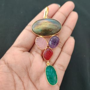 Navrabeads Mix Gemstone Pendants, 5 Stones | Gold Finish | Elegant Gemstone Pendant Set for Jewellery Making & DIY Designs
