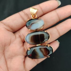 Navrabeads Premium Quality Natural 3 Step Gemstone Pendant Gold Finish with Anti-Tarnish Free Gold Polish for Women