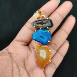 Navrabeads Premium Quality Natural 3 Step Gemstone Pendant Gold Finish with Anti-Tarnish Free Gold Polish for Women