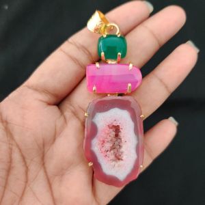 Navrabeads Premium Quality Natural 3 Step Gemstone Pendant Gold Finish with Anti-Tarnish Free Gold Polish for Women