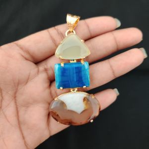Navrabeads Premium Quality Natural 3 Step Gemstone Pendant Gold Finish with Anti-Tarnish Free Gold Polish for Women