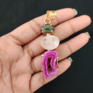 Navrabeads Premium Quality Natural 3 Step Gemstone Pendant Gold Finish with Anti-Tarnish Free Gold Polish for Women