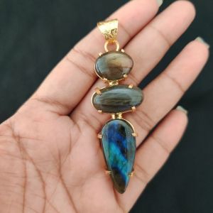 Navrabeads Premium Quality Natural 3 Step Gemstone Pendant Gold Finish with Anti-Tarnish Free Gold Polish for Women