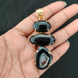 Navrabeads Premium Quality Natural 3 Step Gemstone Pendant Gold Finish with Anti-Tarnish Free Gold Polish for Women