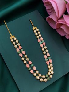 Navrabeads Swarovski Replica Pearl Necklace with Monolisa Pumpkin Beads & Tulip Flowers | 20 Inches | Back Chain