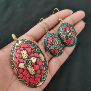 Tibetan Oval Shaped Pendant, Multicolour With Gold Designs and Earrings