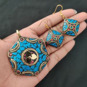 Tibetan Hexogon Shaped Pendant, Multicolour With Gold Designs and Earrings