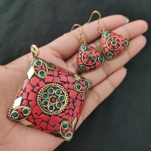 Tibetan Diamond Shaped Pendant, Multicolour With Gold Designs and Earrings