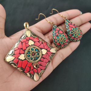 Tibetan Diamond Shaped Pendant, Multicolour With Gold Designs and Earrings