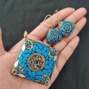 Tibetan Diamond Shaped Pendant, Multicolour With Gold Designs and Earrings