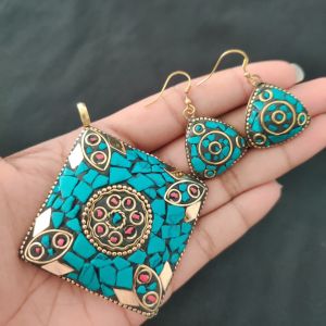 Tibetan Diamond Shaped Pendant, Multicolour With Gold Designs and Earrings