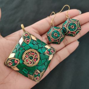 Tibetan Diamond Shaped Pendant, Multicolour With Gold Designs and Earrings