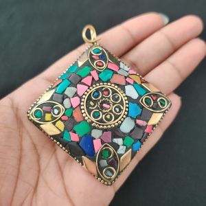 Tibetan Diamond Shaped Pendant, Multicolour With Gold Designs 