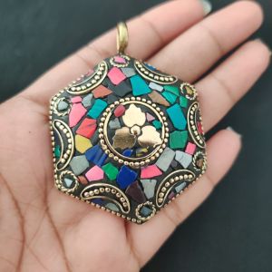 Navrabeads Tibetan Hexogon Shaped Pendant – Multicolour with Gold Designs | Traditional Jewellery Pendant