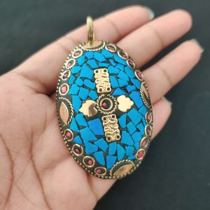 Navrabeads Tibetan Oval Shaped Pendant – Multicolour with Gold Designs | Traditional Jewellery Pendant