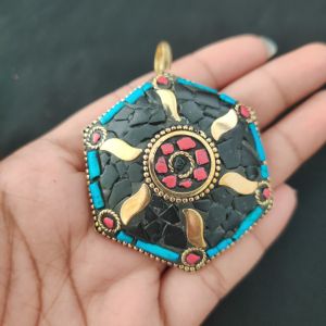 Navrabeads Tibetan Hexogon Shaped Pendant – Multicolour with Gold Designs | Traditional Jewellery Pendant
