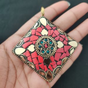 Navrabeads Tibetan Diamond Shaped Pendant – Multicolour with Gold Designs | Traditional Jewellery Pendant