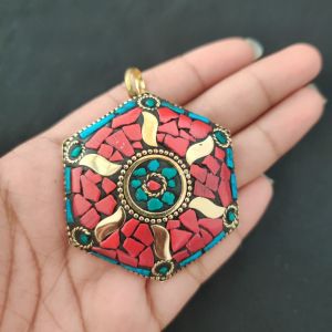 Navrabeads Tibetan Hexogon Shaped Pendant – Multicolour with Gold Designs | Traditional Jewellery Pendant
