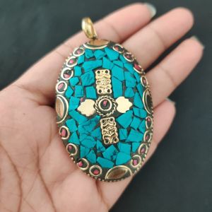 Navrabeads Tibetan Oval Shaped Pendant – Multicolour with Gold Designs | Traditional Jewellery Pendant