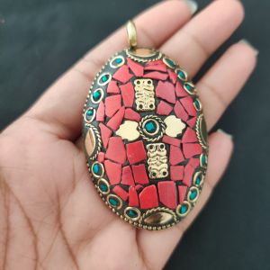 Navrabeads Tibetan Oval Shaped Pendant – Multicolour with Gold Designs | Traditional Jewellery Pendant