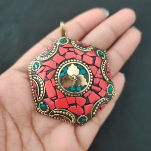 Navrabeads Tibetan Hexogon Shaped Pendant – Multicolour with Gold Designs | Traditional Jewellery Pendant