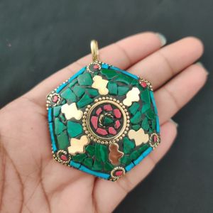 Navrabeads Tibetan Hexogon Shaped Pendant – Multicolour with Gold Designs | Traditional Jewellery Pendant