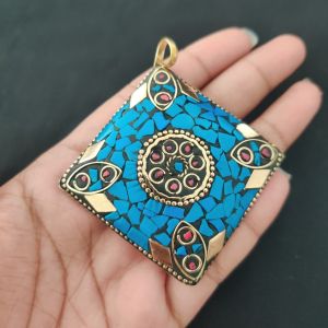 Navrabeads Tibetan Diamond Shaped Pendant – Multicolour with Gold Designs | Traditional Jewellery Pendant
